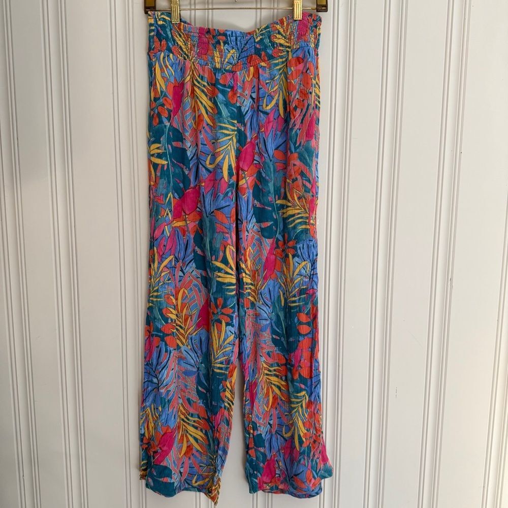 Kona Sol Teal and Orange Tropical Print Beach/Vacation Pant